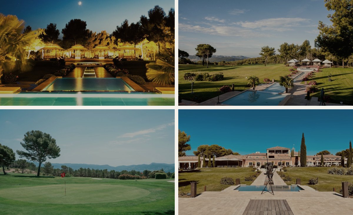 L'Hôtel & Spa du Castellet : la piscine au crépuscule, le parcours de golf, le green et la façade