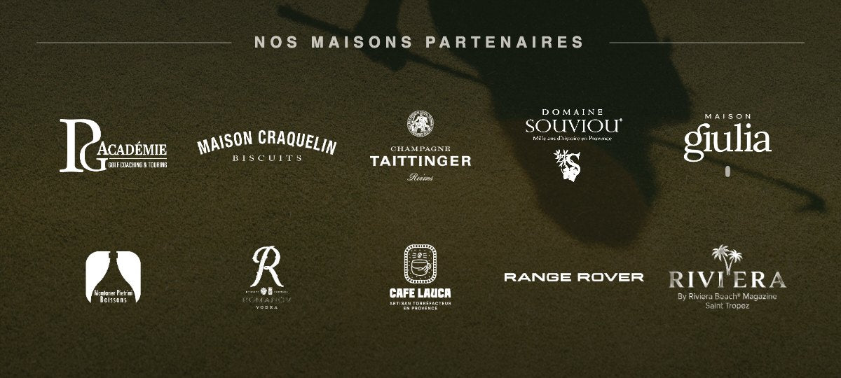 Nos maisons partenaires : PG Academy, Maison Craquelin, Champagne Taittinger, Domaine de Souviou, Maison Giulia, Montaner Pietrini, Vodka Romanov, Café Lauca, Range Rover, Riviera Saint Tropez